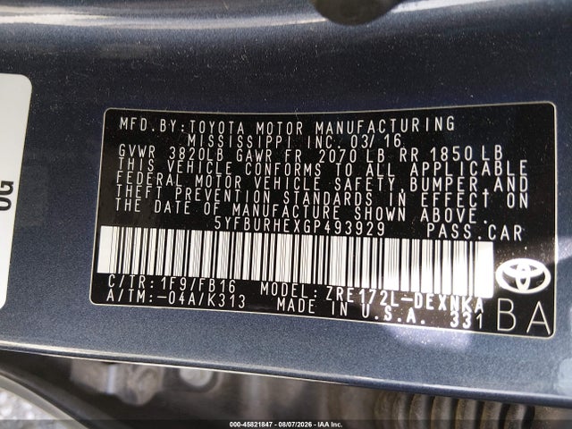 5YFBURHEXGP493929 Toyota COROLLA LE
