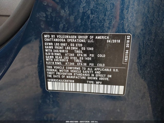 Продаж на аукціоні авто 2018 Volkswagen Atlas 3.6l V6 Se, vin: 1V2KR2CA3JC567008, номер лоту: 45821860