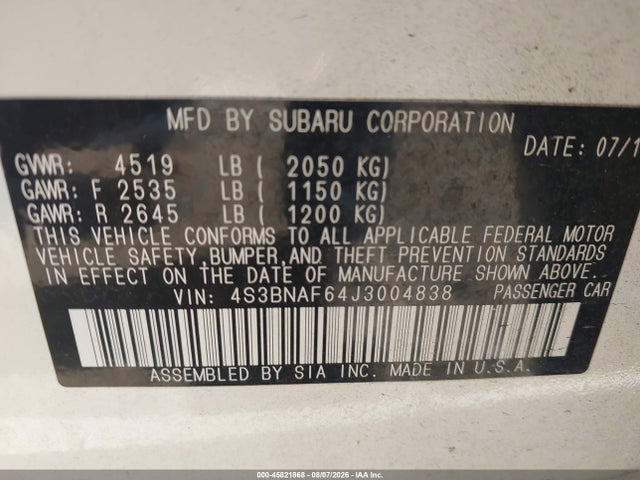 45821868 :رقم المزاد ، 4S3BNAF64J3004838 vin ، 2018 Subaru Legacy 2.5i Premium مزاد بيع