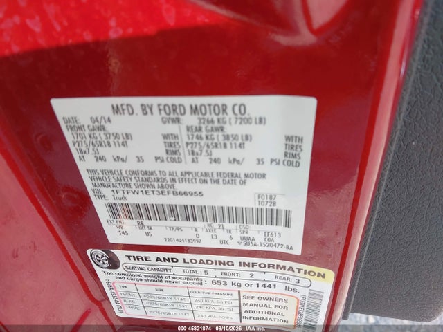 Продажа на аукционе авто 2014 Ford F-150 Xlt, vin: 1FTFW1ET3EFB66955, номер лота: 45821874
