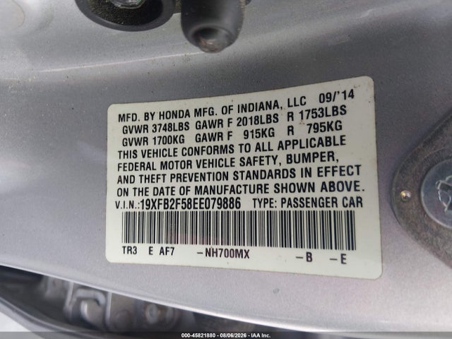 45821880 :رقم المزاد ، 19XFB2F58EE079886 vin ، 2014 Honda Civic Lx مزاد بيع