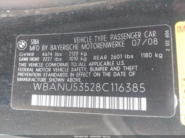 Aukcja sprzedaży 2008 Bmw 528i, vin: WBANU53528C116385, numer aukcji: 45821902