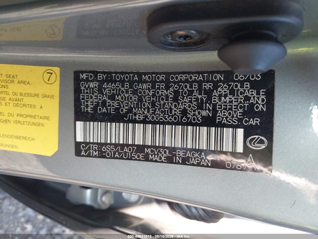 45821915 :رقم المزاد ، JTHBF30G536016703 vin ، 2003 Lexus Es 300 مزاد بيع