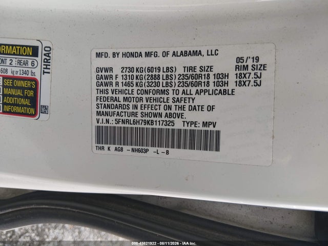 45821922 :رقم المزاد ، 5FNRL6H79KB117325 vin ، 2019 Honda Odyssey Ex-l مزاد بيع