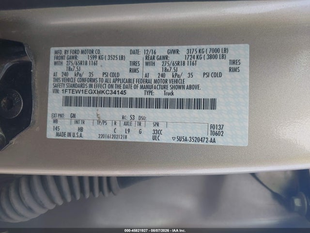 45821927 :رقم المزاد ، 1FTEW1EGXHKC34145 vin ، 2017 Ford F-150 Lariat مزاد بيع