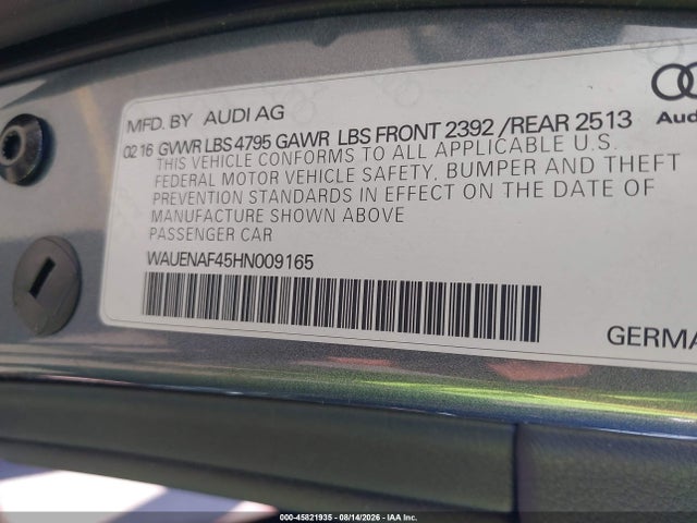 Aukcja sprzedaży 2017 Audi A4 Premium Plus, vin: WAUENAF45HN009165, numer aukcji: 45821935