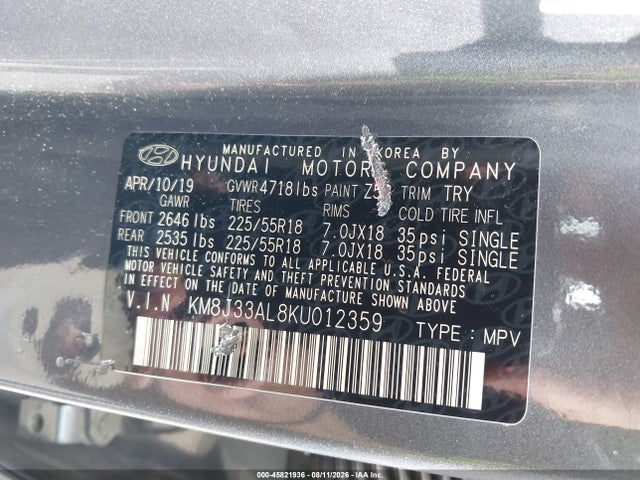 45821936 :رقم المزاد ، KM8J33AL8KU012359 vin ، 2019 Hyundai Tucson Sel مزاد بيع