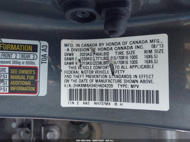 45821944 :رقم المزاد ، 2HKRM4H34EH604209 vin ، 2014 Honda Cr-v Lx مزاد بيع