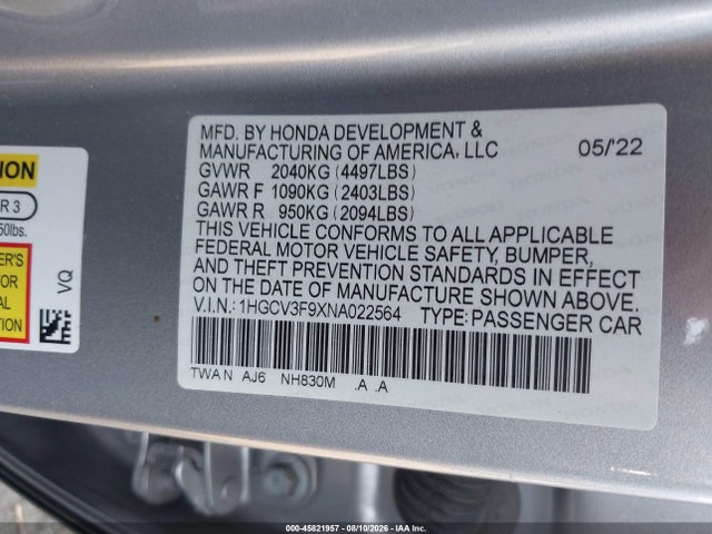 Продажа на аукционе авто 2022 Honda Accord Hybrid Touring, vin: 1HGCV3F9XNA022564, номер лота: 45821957