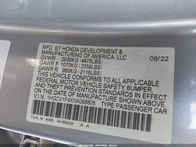 2022 Honda Accord Sport Special Edition მანქანა იყიდება აუქციონზე, vin: 1HGCV1F4XNA068808, აუქციონის ნომერი: 45821966