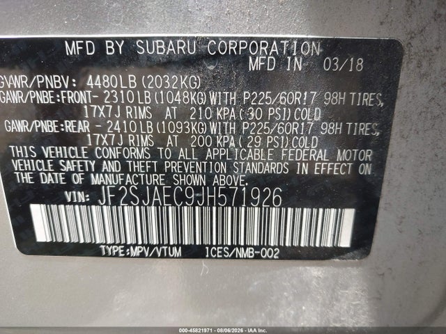 2018 Subaru Forester 2.5i Premium მანქანა იყიდება აუქციონზე, vin: JF2SJAEC9JH571926, აუქციონის ნომერი: 45821971