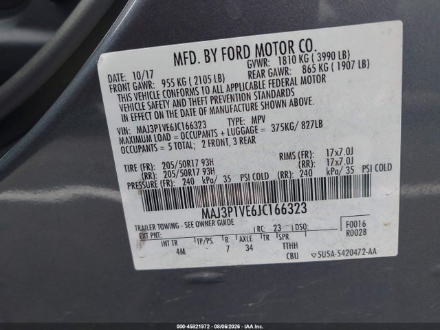 Auction sale of the 2018 Ford Ecosport Titanium, vin: MAJ3P1VE6JC166323, lot number: 45821972