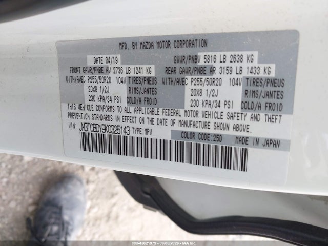 45821979 :رقم المزاد ، JM3TCBDY9K0325143 vin ، 2019 Mazda Cx-9 Grand Touring مزاد بيع