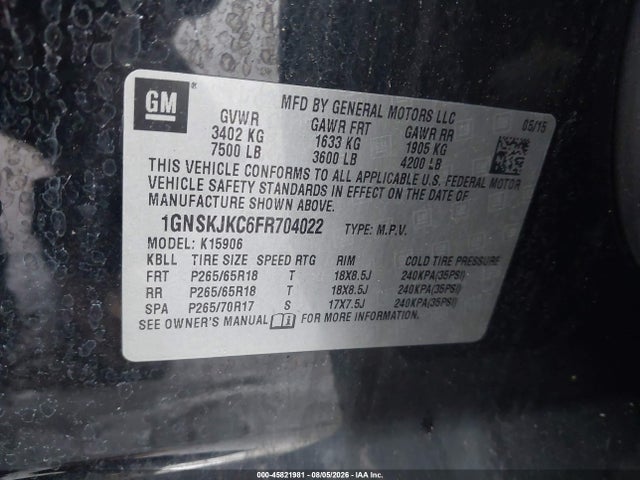 Продажа на аукционе авто 2015 Chevrolet Suburban Lt, vin: 1GNSKJKC6FR704022, номер лота: 45821981