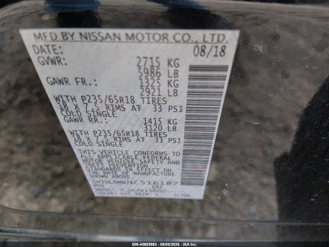 Aukcja sprzedaży 2019 Infiniti Qx60 Pure, vin: 5N1DL0MN7KC516187, numer aukcji: 45821983