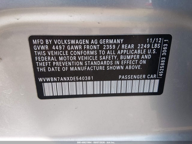 Auction sale of the 2013 Volkswagen Cc 2.0t R-line, vin: WVWBN7ANXDE540381, lot number: 45821994