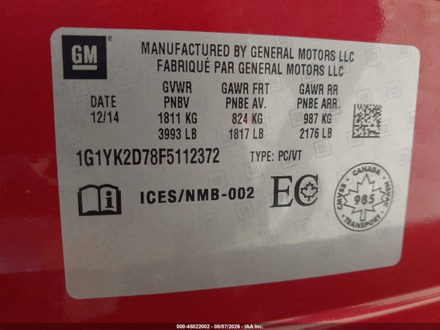 1G1YK2D78F5112372 Chevrolet Corvette Stingray Z51