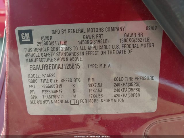Aukcja sprzedaży 2010 Buick Enclave 1xl, vin: 5GALRBED0AJ125815, numer aukcji: 45822039