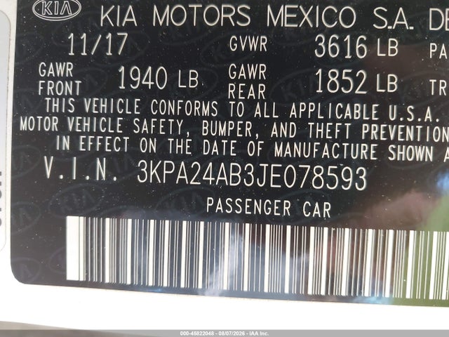 45822048 :رقم المزاد ، 3KPA24AB3JE078593 vin ، 2018 Kia Rio Lx مزاد بيع