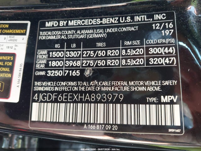 45822050 :رقم المزاد ، 4JGDF6EEXHA893979 vin ، 2017 Mercedes-benz Gls 450 4matic مزاد بيع