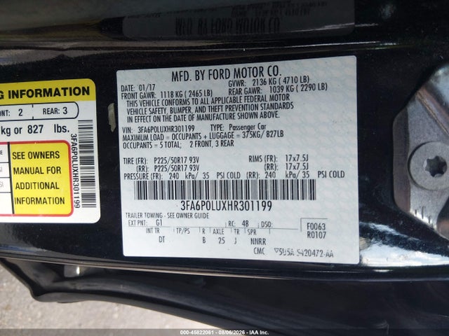 45822061 :رقم المزاد ، 3FA6P0LUXHR301199 vin ، 2017 Ford Fusion Hybrid Se مزاد بيع