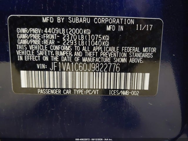 45822072 :رقم المزاد ، JF1VA1C60J9822776 vin ، 2018 Subaru Wrx Premium مزاد بيع