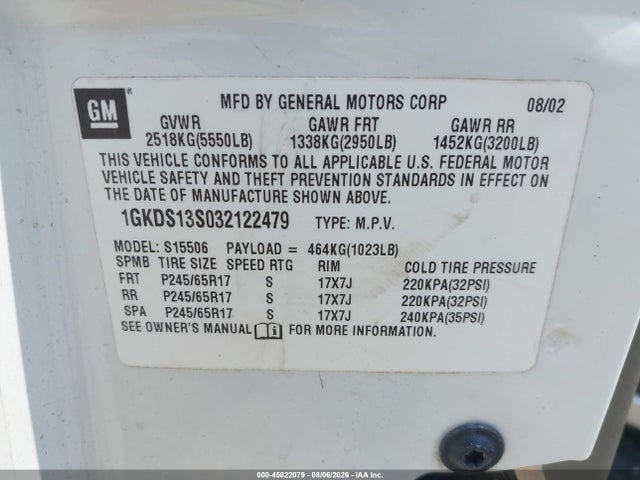 Aukcja sprzedaży 2003 Gmc Envoy Slt, vin: 1GKDS13S032122479, numer aukcji: 45822079