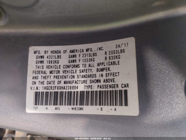 Продажа на аукционе авто 2017 Honda Accord Ex-l, vin: 1HGCR2F8XHA206994, номер лота: 45822084