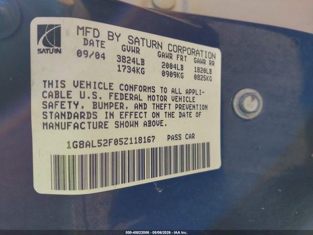 45822086 :رقم المزاد ، 1G8AL52F05Z118167 vin ، 2005 Saturn Ion 3 مزاد بيع