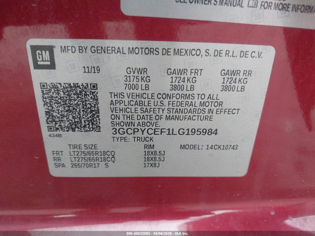 Aukcja sprzedaży 2020 Chevrolet Silverado 1500 4wd  Standard Bed Custom Trail Boss, vin: 3GCPYCEF1LG195984, numer aukcji: 45822092