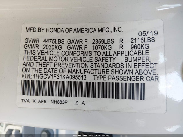 1HGCV1F31KA095513 Honda Accord Sport