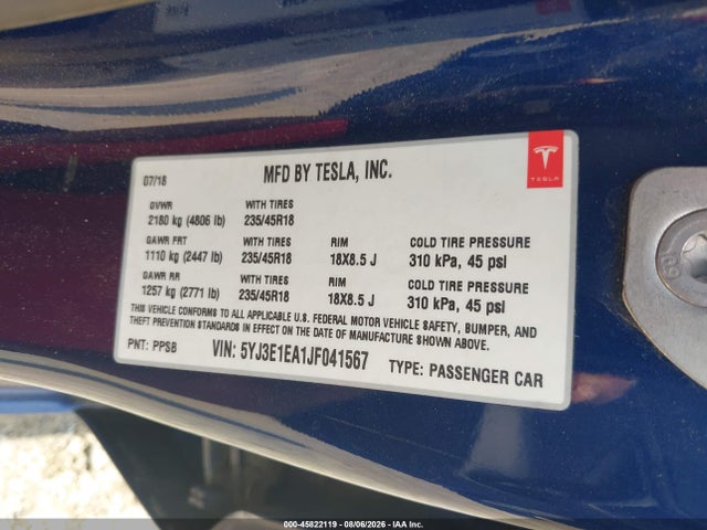 Tesla Model 3 Long Range/mid Range 2018 5YJ3E1EA1JF041567 Image 9