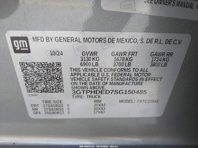 45822122 :رقم المزاد ، 3GTPHDED7SG150485 vin ، 2025 Gmc Sierra 1500 2wd  Short Box Slt مزاد بيع