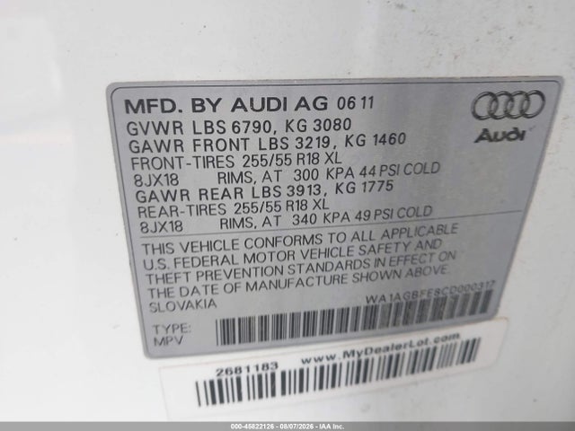 45822126 :رقم المزاد ، WA1AGBFE8CD000317 vin ، 2012 Audi Q7 3.0t Premium مزاد بيع