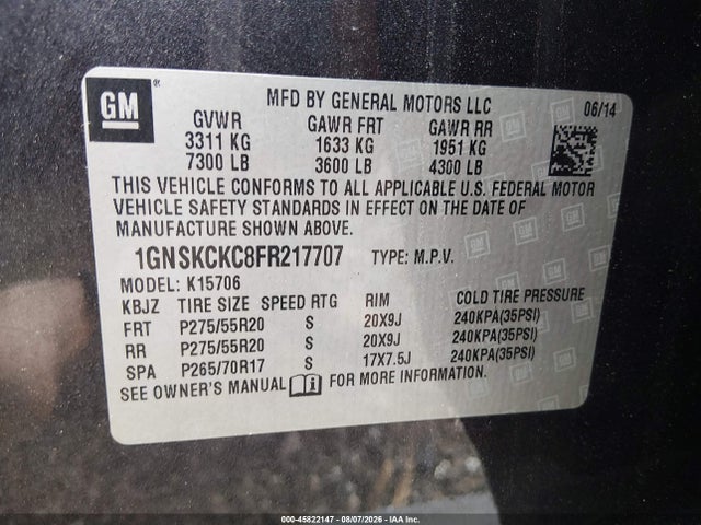 2015 Chevrolet Tahoe Ltz მანქანა იყიდება აუქციონზე, vin: 1GNSKCKC8FR217707, აუქციონის ნომერი: 45822147