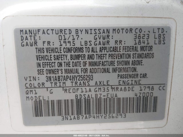 45822149 :رقم المزاد ، 3N1AB7AP4HY256293 vin ، 2017 Nissan Sentra S مزاد بيع