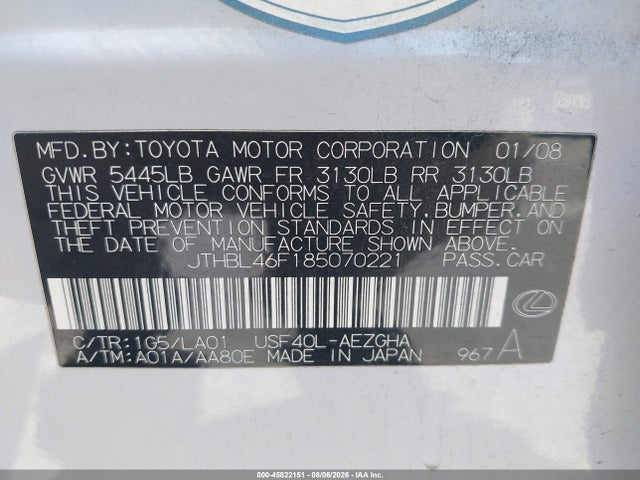 Aukcja sprzedaży 2008 Lexus Ls 460, vin: JTHBL46F185070221, numer aukcji: 45822151