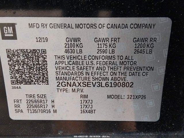 2020 Chevrolet Equinox Awd Ls მანქანა იყიდება აუქციონზე, vin: 2GNAXSEV3L6190802, აუქციონის ნომერი: 45822156