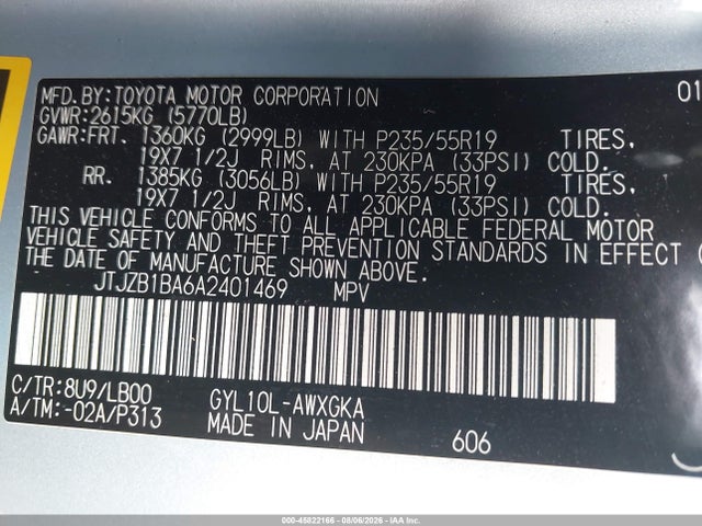 45822166 :رقم المزاد ، JTJZB1BA6A2401469 vin ، 2010 Lexus Rx 450h مزاد بيع