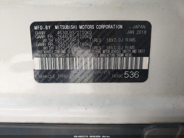 2018 Mitsubishi Eclipse Cross Sel მანქანა იყიდება აუქციონზე, vin: JA4AT5AA0JZ042210, აუქციონის ნომერი: 45822179