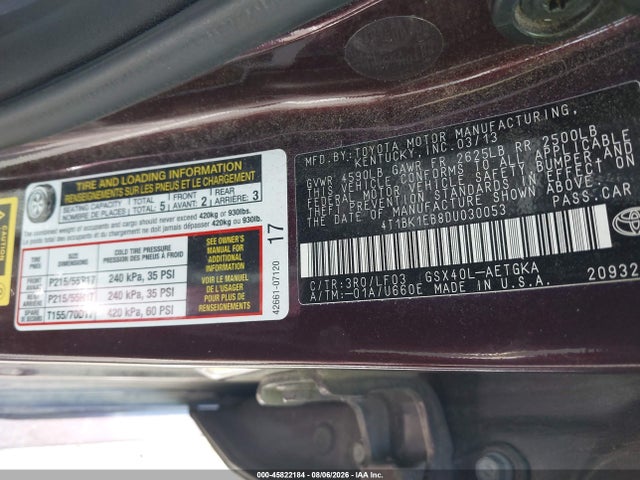 45822184 :رقم المزاد ، 4T1BK1EB8DU030053 vin ، 2013 Toyota Avalon Xle Premium مزاد بيع