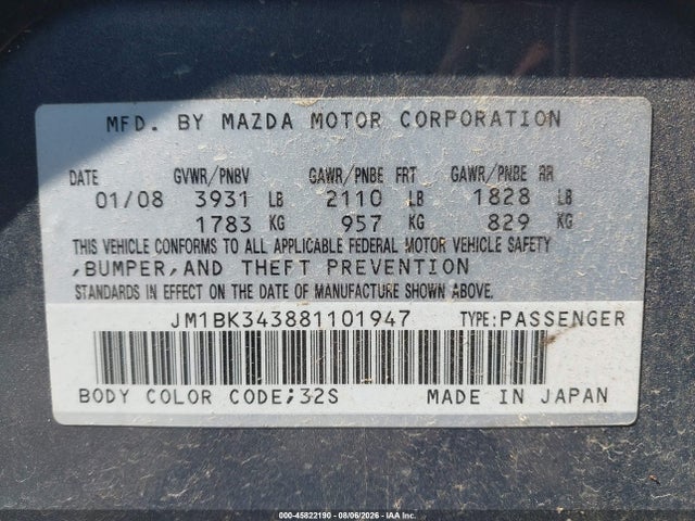 Aukcja sprzedaży 2008 Mazda Mazda3 S Sport, vin: JM1BK343881101947, numer aukcji: 45822190