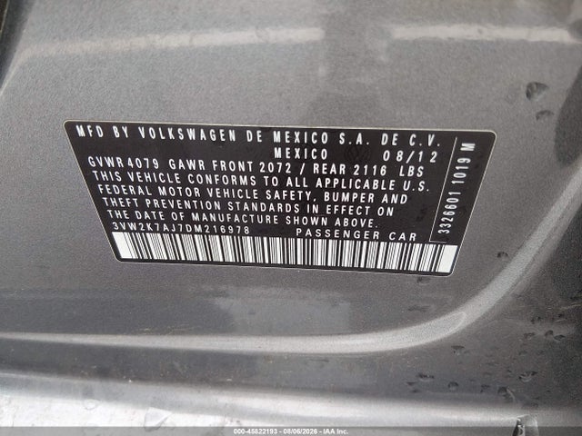 45822193 :رقم المزاد ، 3VW2K7AJ7DM216978 vin ، 2013 Volkswagen Jetta 2.0l S مزاد بيع