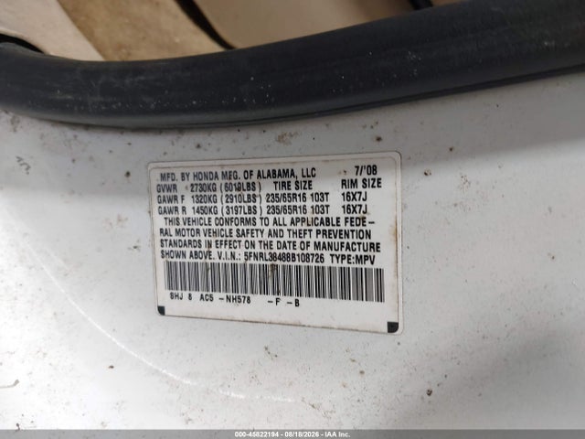 2008 Honda Odyssey Ex მანქანა იყიდება აუქციონზე, vin: 5FNRL38488B108726, აუქციონის ნომერი: 45822194