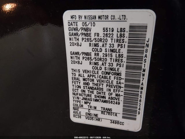 45822213 :رقم المزاد ، JN8AS1MW7AM856249 vin ، 2010 Infiniti Fx35 مزاد بيع