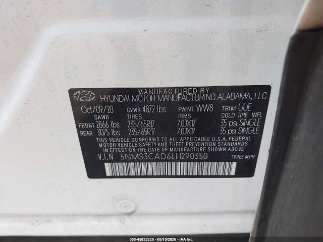 45822220 :رقم المزاد ، 5NMS3CAD6LH290350 vin ، 2020 Hyundai Santa Fe Sel مزاد بيع