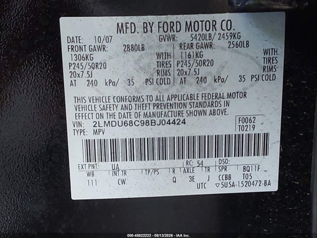 Продаж на аукціоні авто 2008 Lincoln Mkx, vin: 2LMDU68C98BJ04424, номер лоту: 45822222
