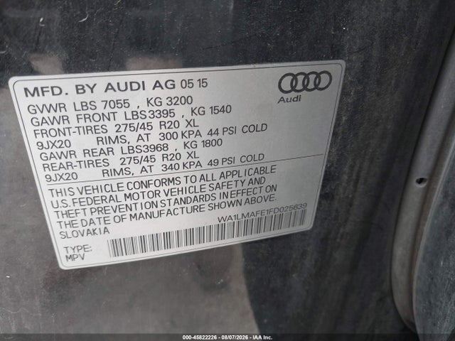 2015 Audi Q7 3.0 Tdi Premium მანქანა იყიდება აუქციონზე, vin: WA1LMAFE1FD025639, აუქციონის ნომერი: 45822226