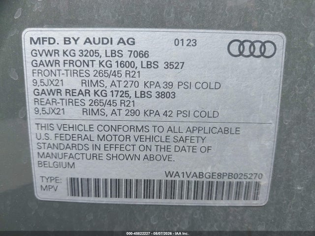 Продажа на аукционе авто 2023 Audi E-tron Premiumwe, vin: WA1VABGE8PB025270, номер лота: 45822227
