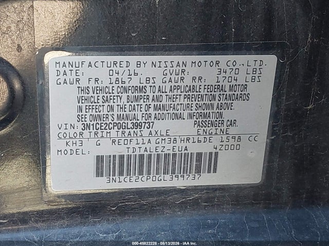 3N1CE2CP0GL399737 Nissan Versa Note Sl